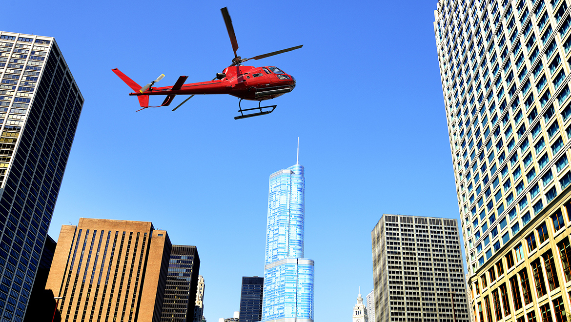 Helicopter flying over the city