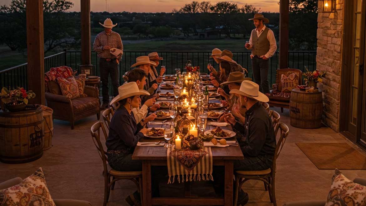 People dining at long table