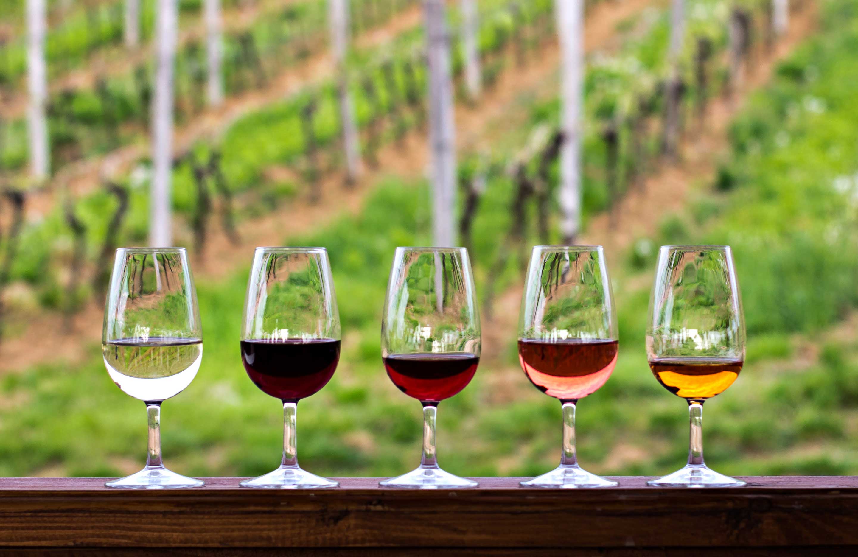 Row of different wines on a ledge.
