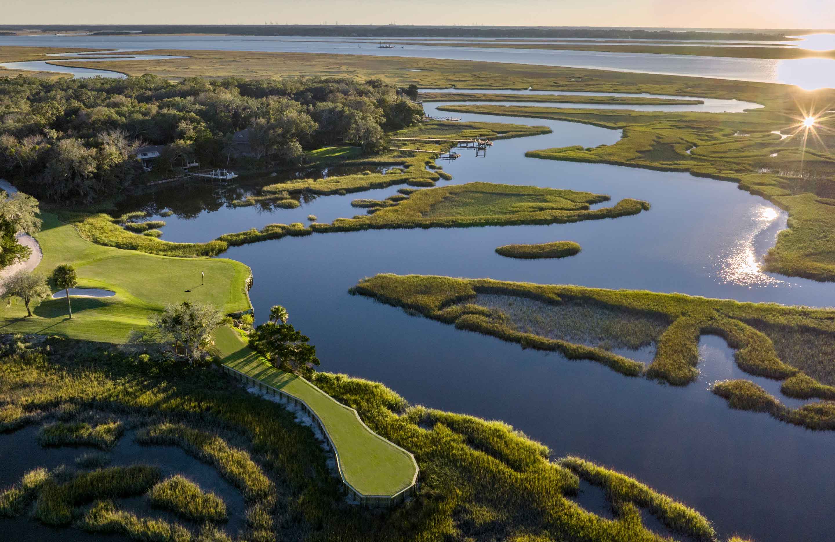 Aerial view of golf course water feature.