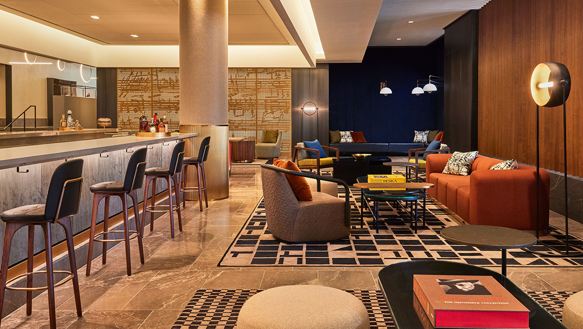 Crescendo Lounge + Bar offers specialty cocktails and a stellar wine selection, located in the lobby - Omni Boston Hotel at the Seaport