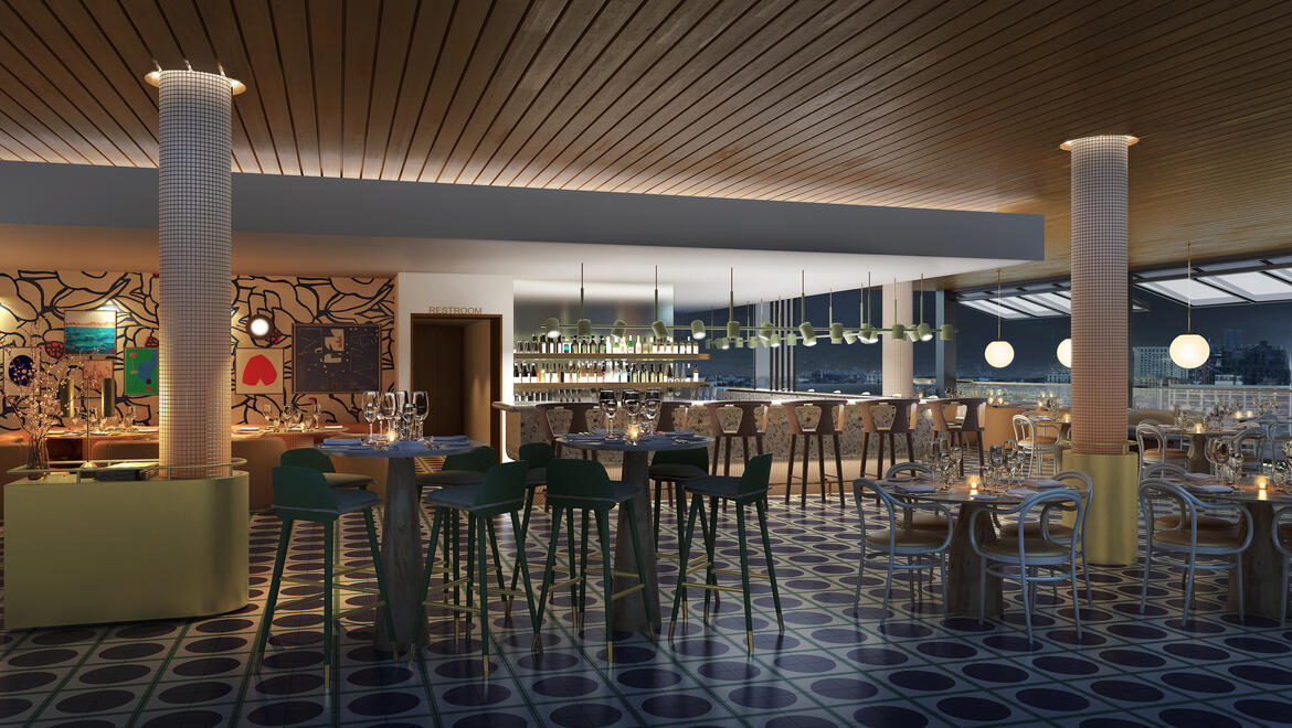 Boston Seaport pool bar night rendering