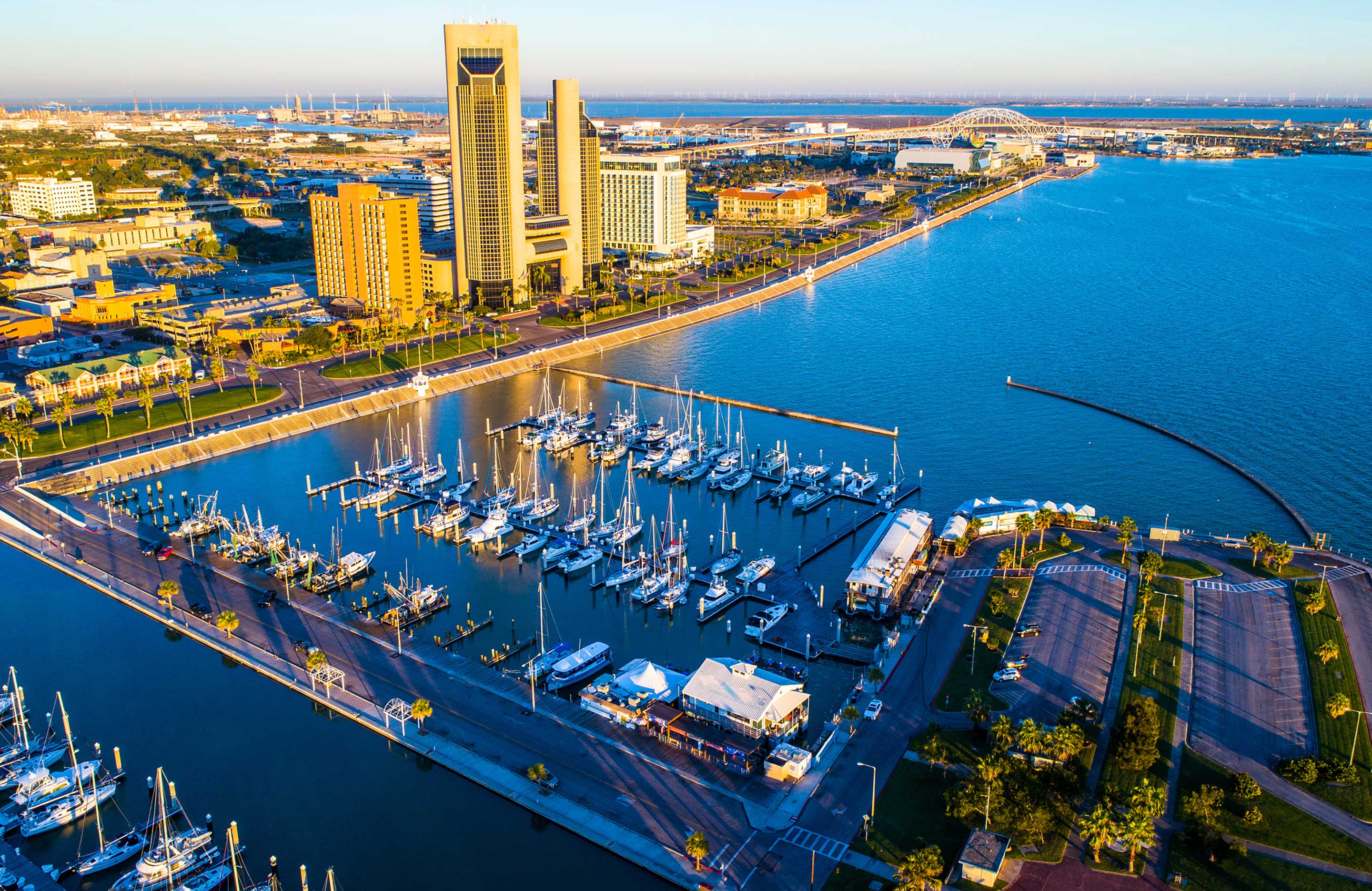 Aerial view of docked boats