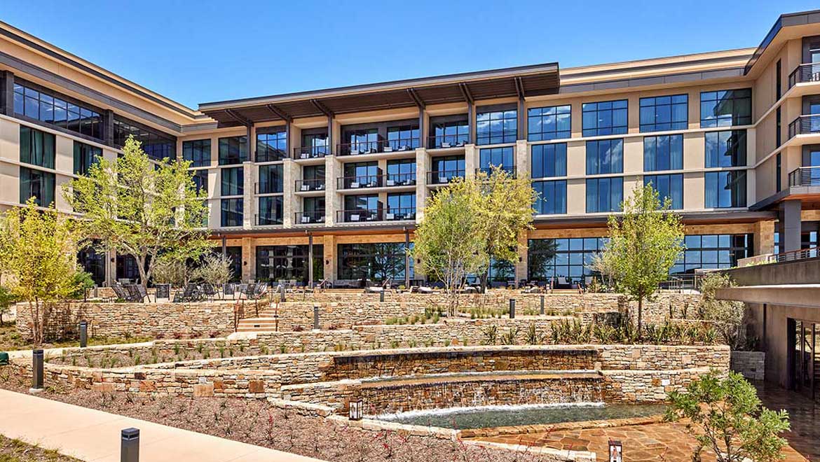 Terrace with water feature.