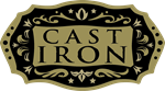 Cast & Iron logo in the shape of a black and gold belt buckle