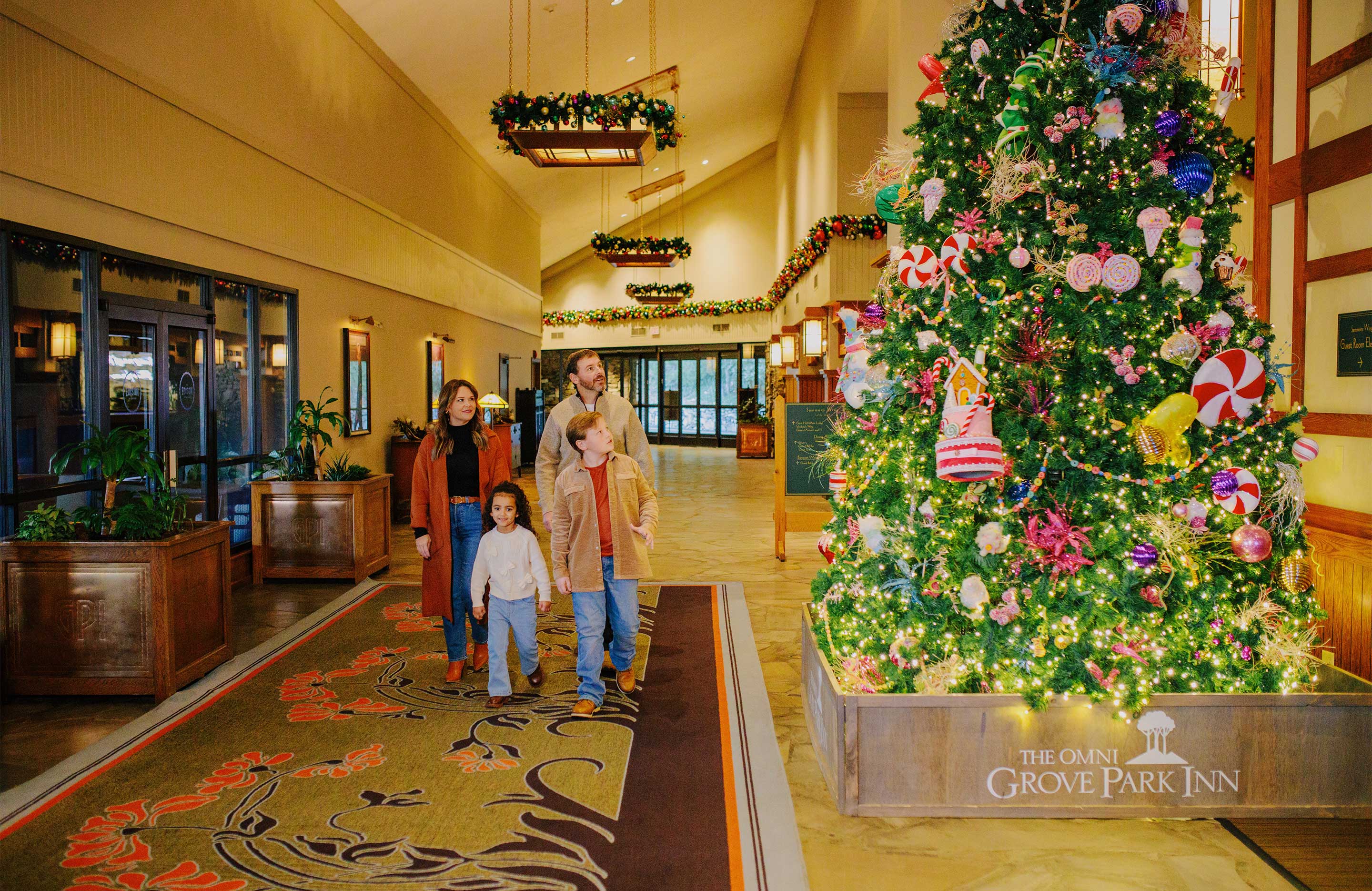 Family walking through the lobby