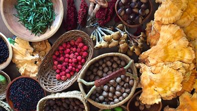 Variety of foods in baskets