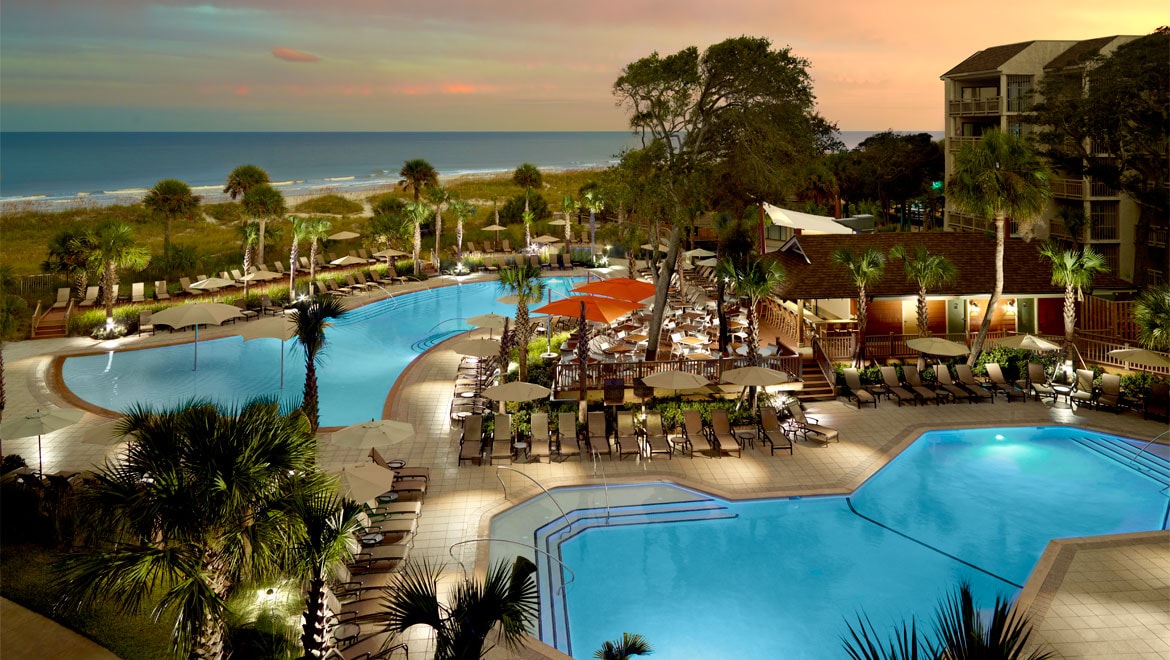 Aerial view of Hilton Head Resort pool at night Aerial view of Hilton Head Resort pool at night