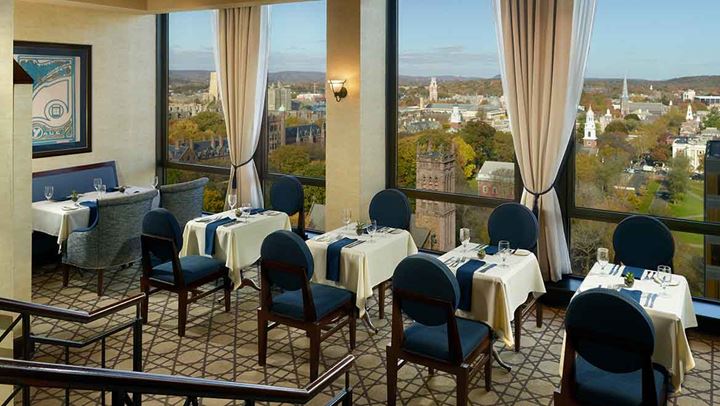 Interior tables with city view.