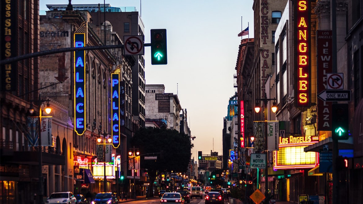 View of busy city street.
