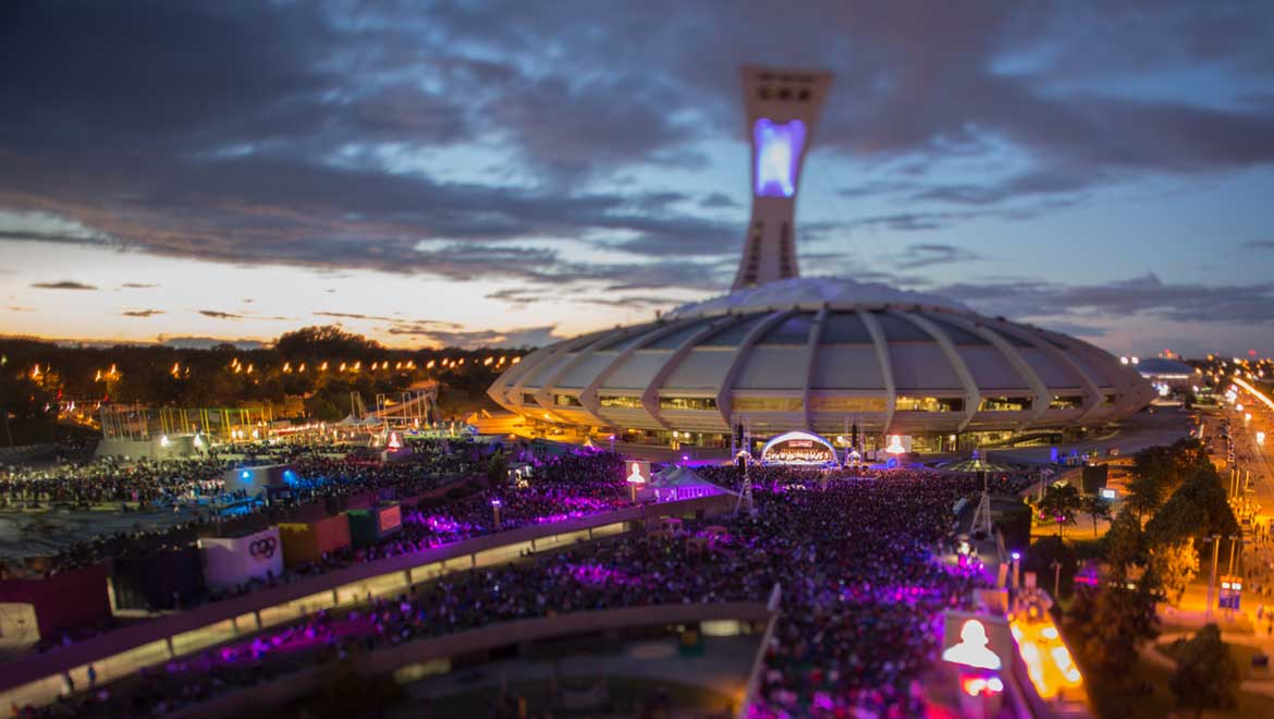 Aerial view of park at dusk.