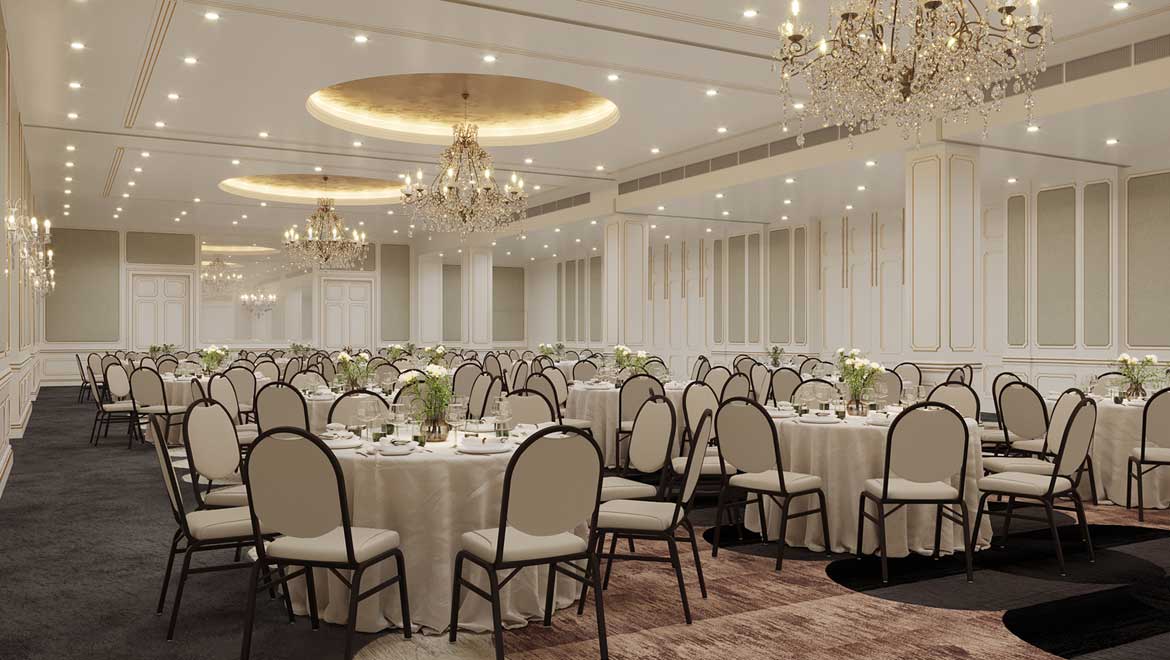 Wedding reception set up in ballroom.