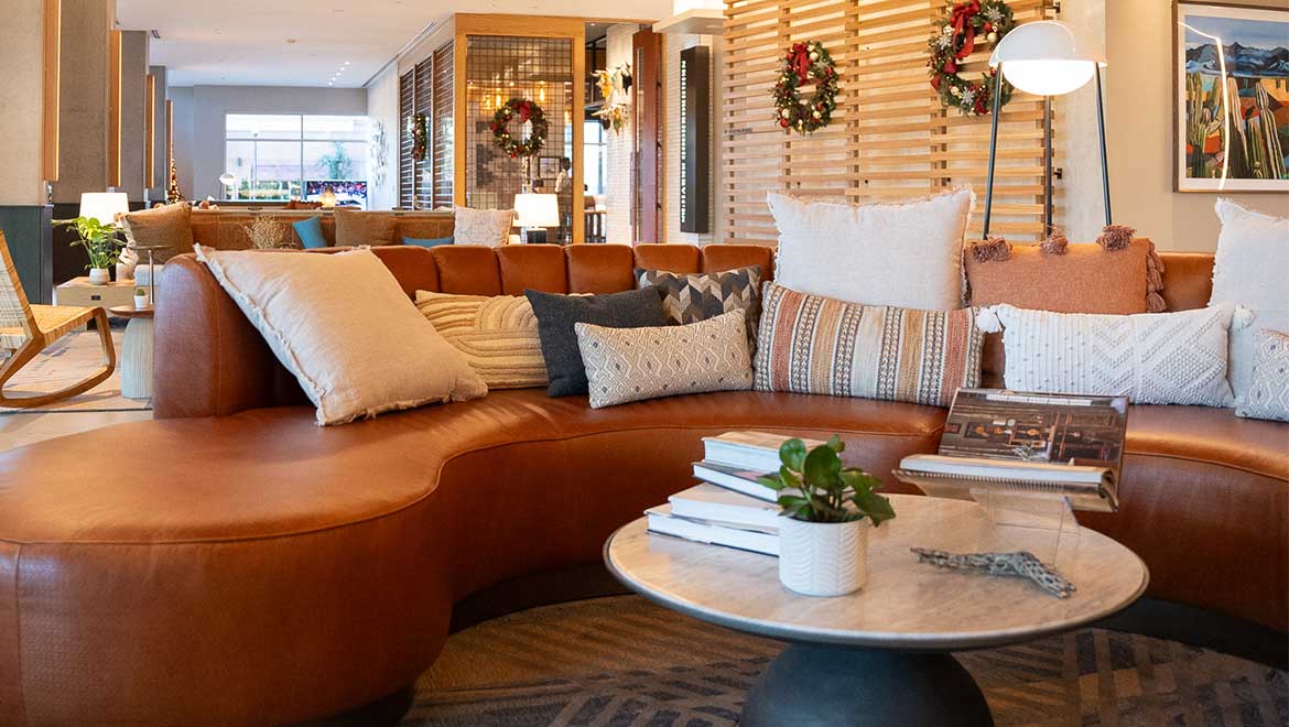 Hotel lobby decorated with Christmas decor