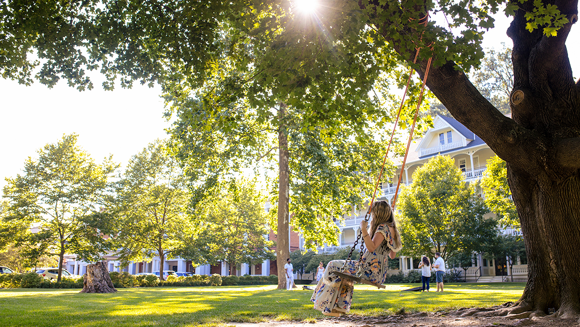 Woman swinging on tree swing.