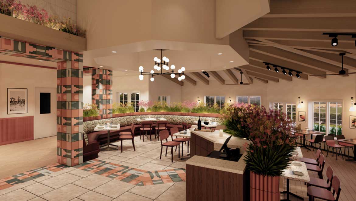 Restaurant interior with booth.