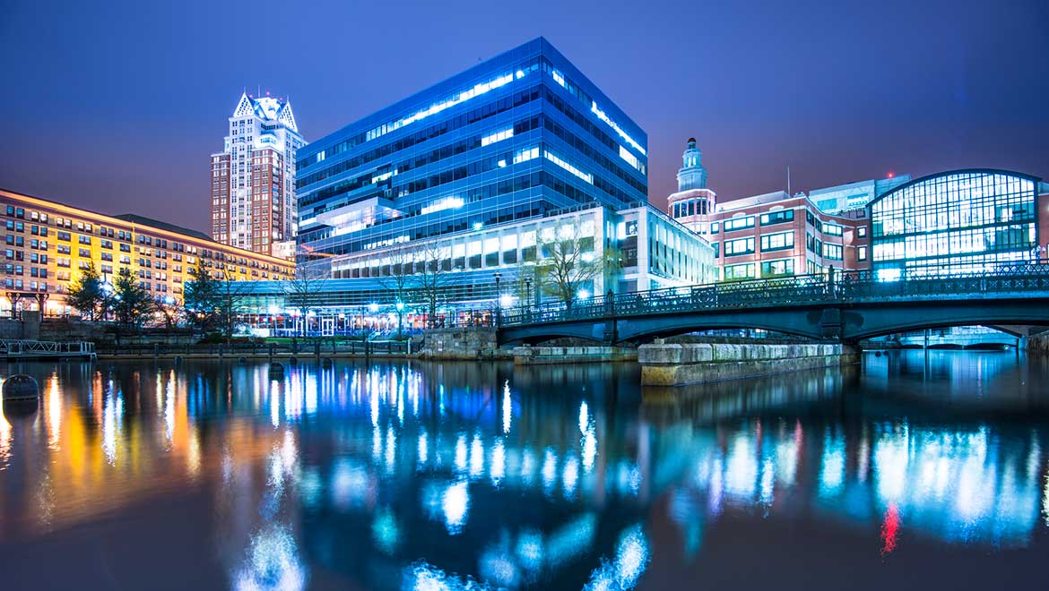 Exterior of building at night. 