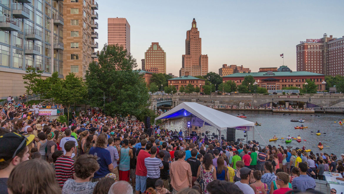 Aerial view of event on the river.