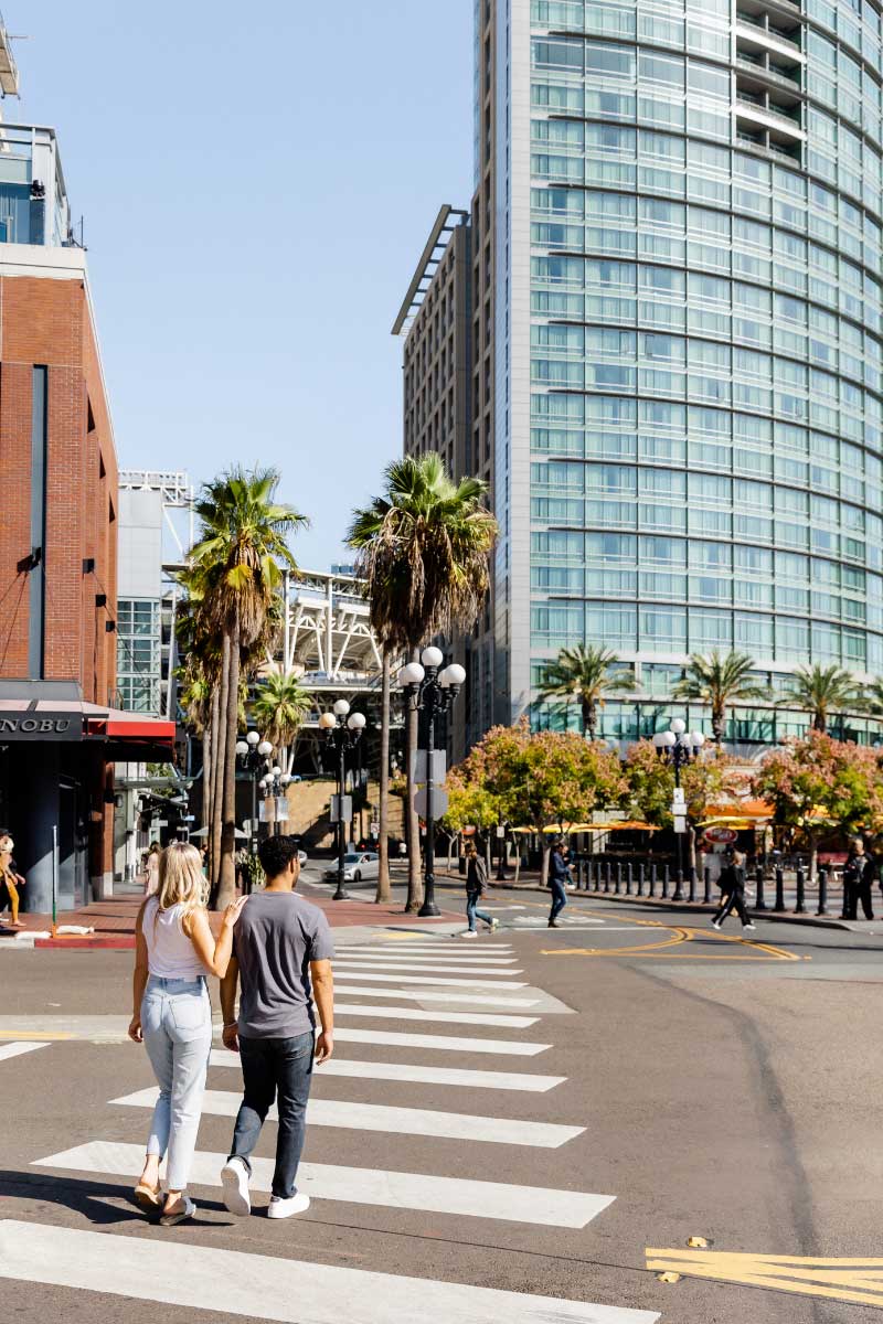 Couple walking across the street
